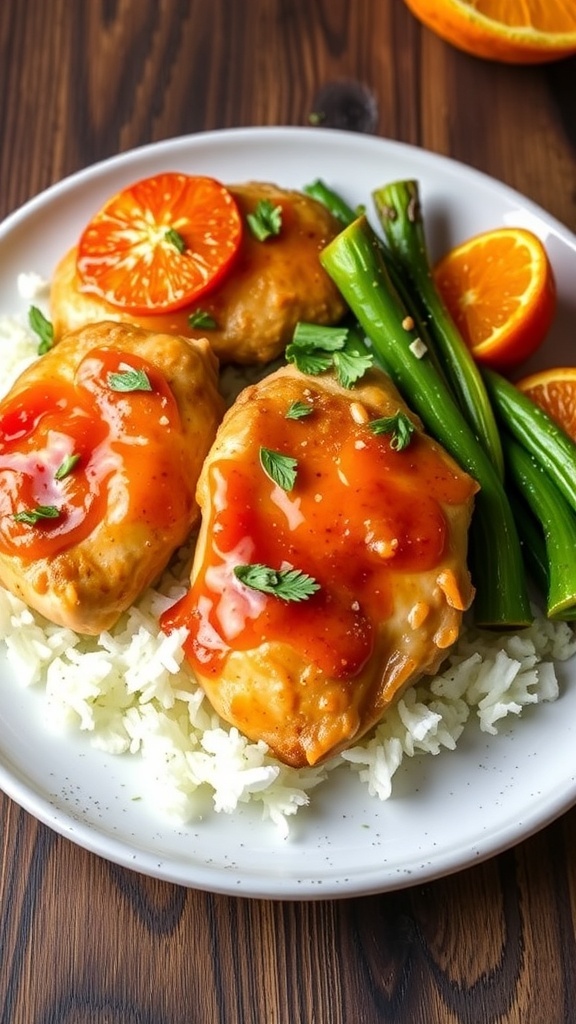 Plate of orange ginger chicken thighs with orange slices and green asparagus