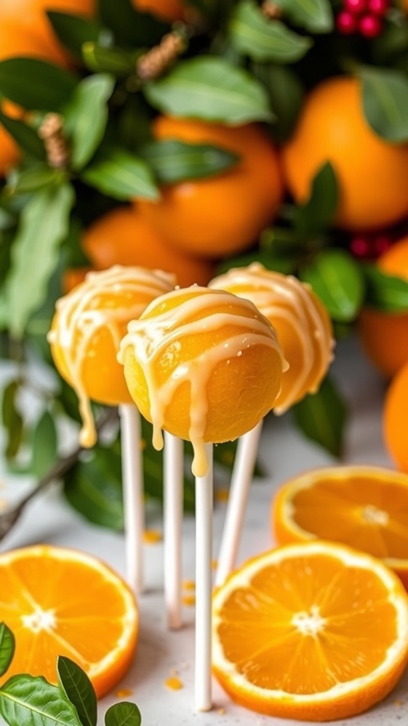 Delicious orange zest cake pops decorated with orange slices and festive greenery.