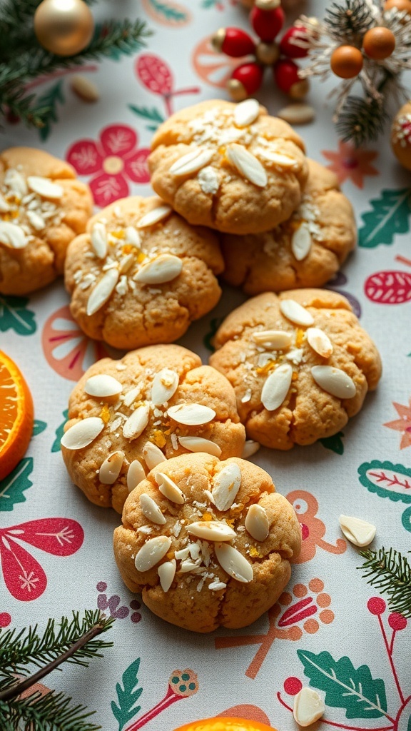 A plate of orange zest cookies topped with slivered almonds, surrounded by festive decorations.