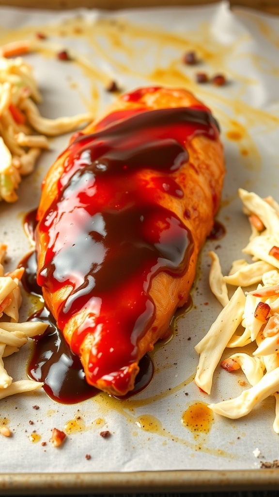 Oven-baked BBQ chicken breast topped with sauce and cheese
