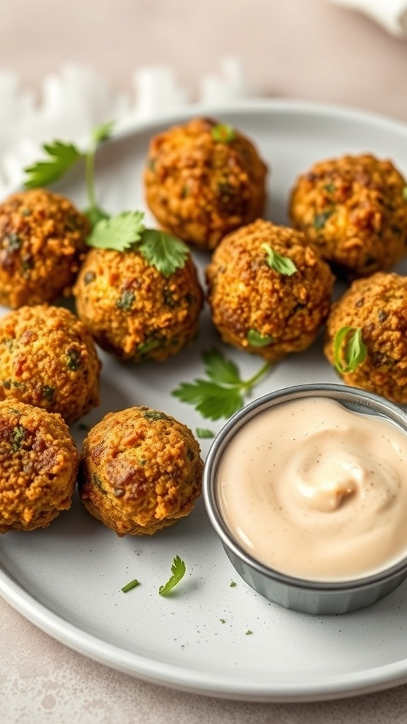 A plate of oven-baked falafel balls served with tahini sauce and garnished with fresh herbs.