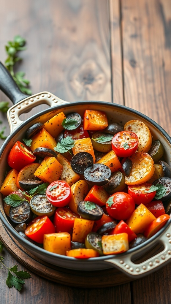 A colorful dish of oven-baked ratatouille featuring diced tomatoes, zucchini, bell peppers, and eggplant, garnished with fresh herbs.