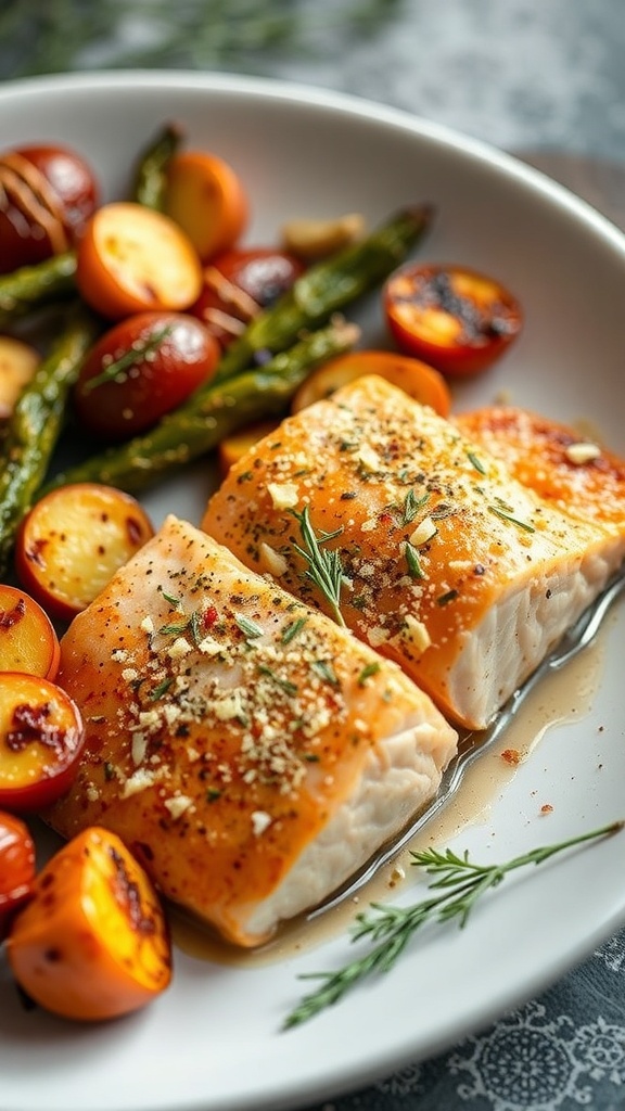 Oven-baked salmon fillets with garlic and herbs, served with roasted cherry tomatoes and asparagus.