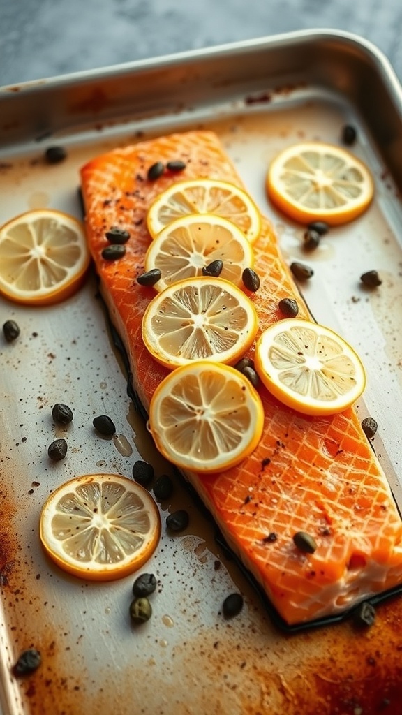 Oven-baked salmon fillet topped with lemon slices and capers on a baking sheet