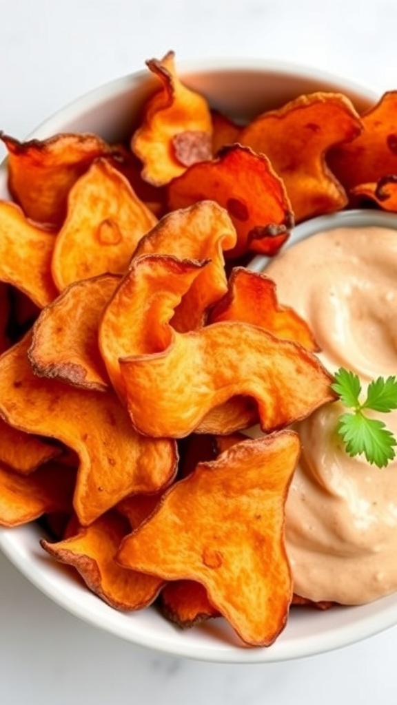 A bowl of crispy sweet potato chips next to a creamy dip.