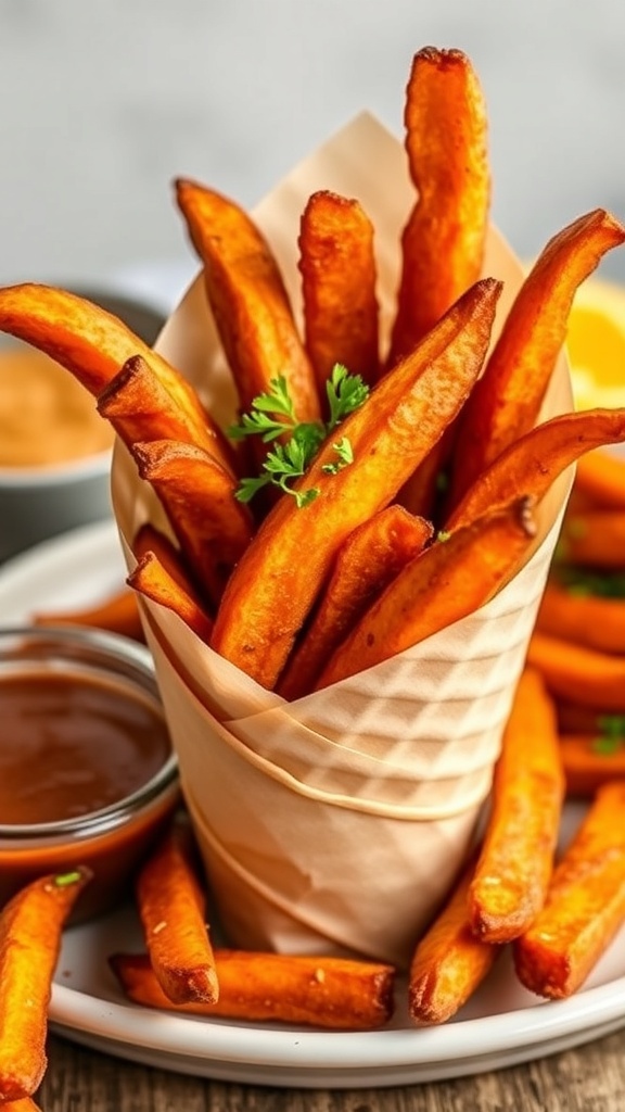 A serving of oven-baked sweet potato fries in a paper cone with a small bowl of dipping sauce