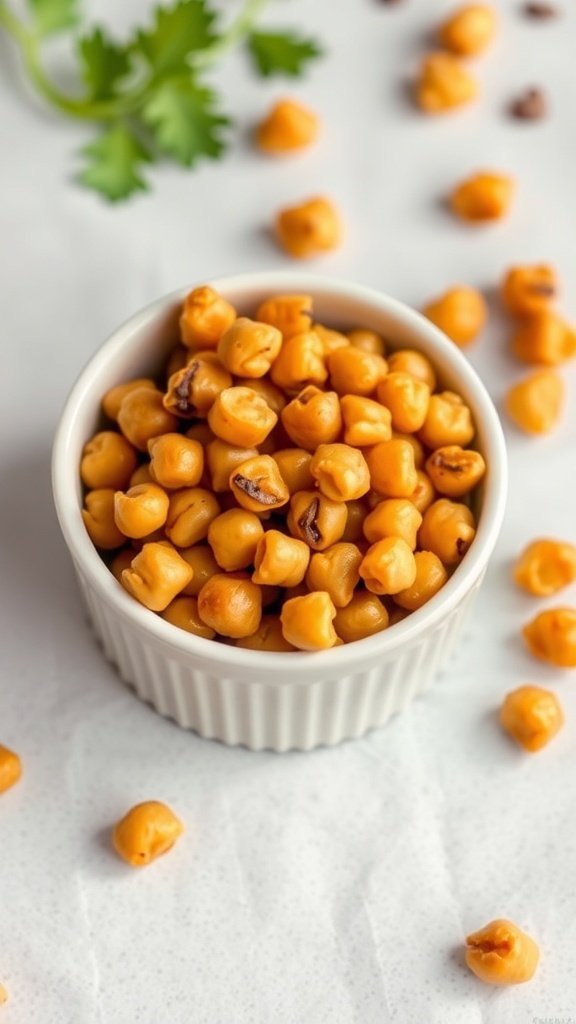 A bowl of oven-roasted chickpeas, golden and crunchy, sitting on a dark surface.