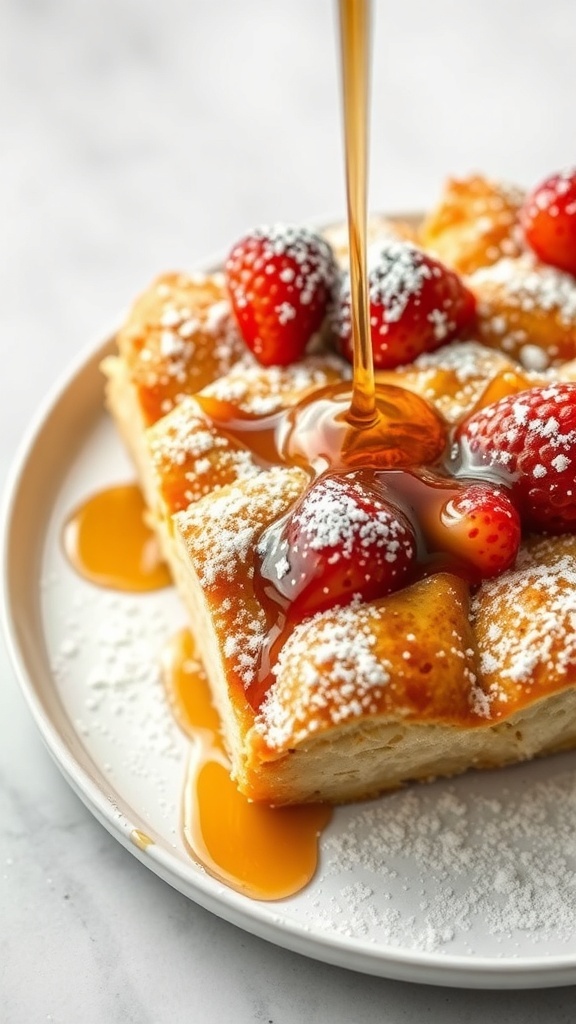 A delicious overnight French toast casserole topped with strawberries and syrup.