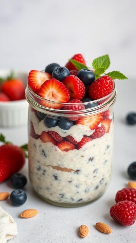 A jar of overnight oats layered with almond butter and topped with fresh strawberries, blueberries, and raspberries.