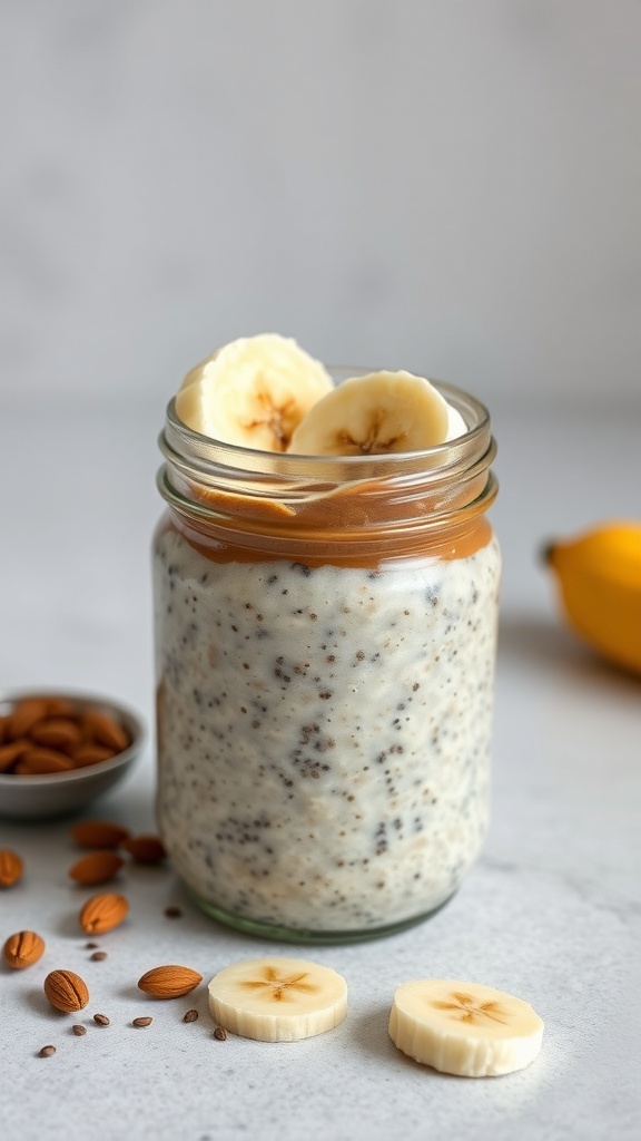 A jar of overnight oats with almond butter, topped with banana slices and surrounded by almonds.