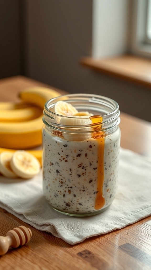 A jar of overnight oats topped with banana slices and honey, with bananas in the background.