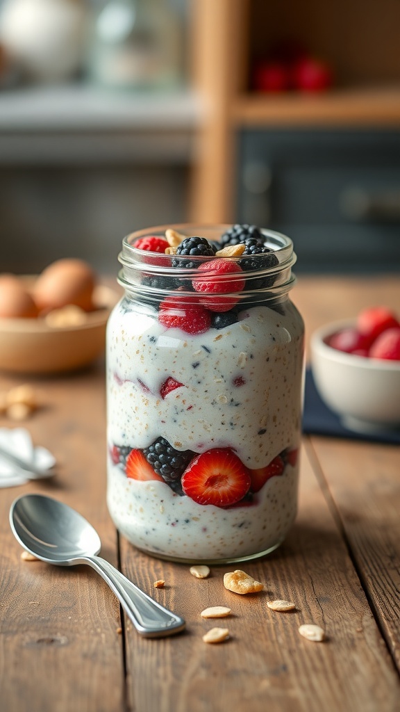 A jar of overnight oats layered with berries and nuts on a wooden table.