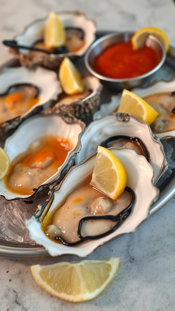 A platter of oysters on the half shell with lemon wedges and cocktail sauce