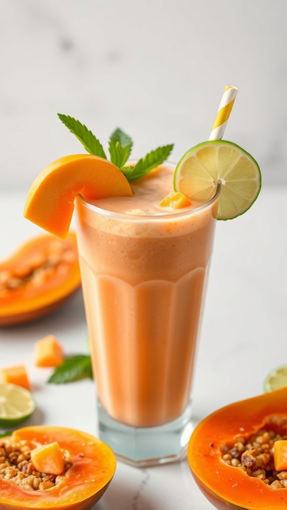 A refreshing papaya lime smoothie in a glass, garnished with lime and mint, with halved papayas in the background.