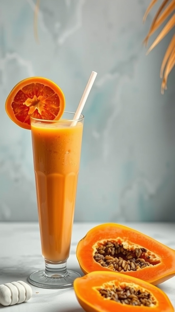 A refreshing Papaya Paradise Smoothie in a tall glass, garnished with a slice of papaya, with fresh papaya halves nearby.