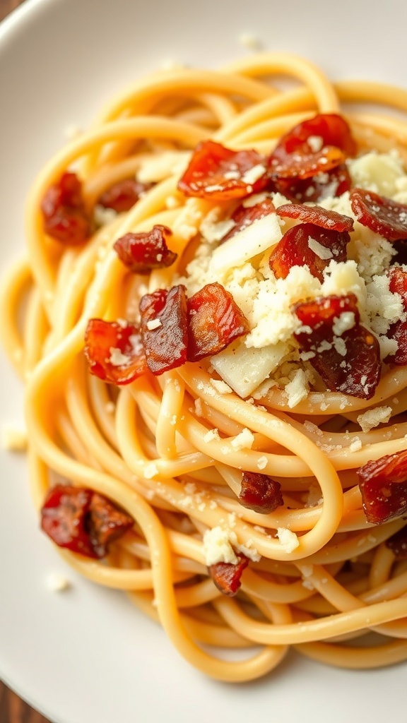 A plate of Pasta Carbonara with crispy bacon and cheese