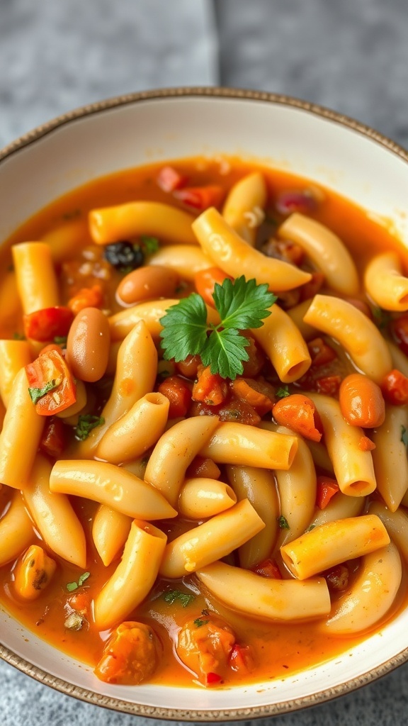A bowl of Pasta Fagioli with pasta, beans, and vegetables in a rich tomato broth, garnished with parsley.