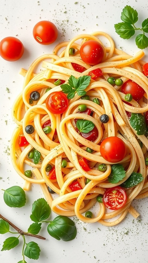 A vibrant plate of Pasta Primavera with spaghetti, cherry tomatoes, green peas, and fresh herbs.
