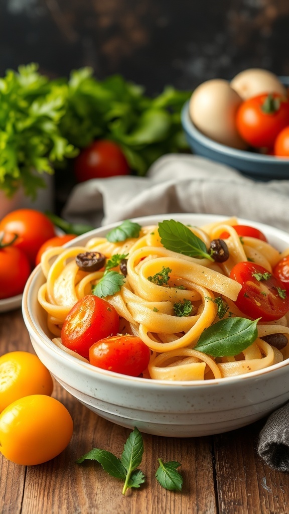 A bowl of Pasta Primavera with fresh vegetables, including cherry tomatoes and herbs, on a wooden table.
