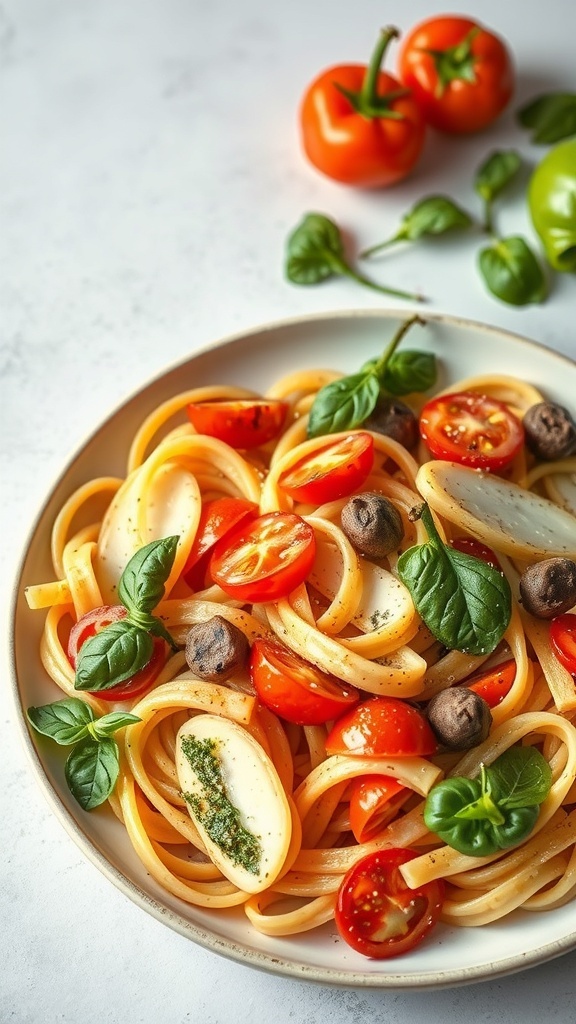 A plate of pasta primavera with cherry tomatoes, olives, and fresh basil.