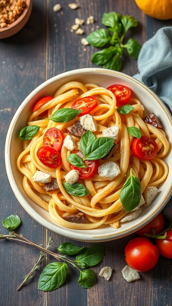 A bowl of Pasta Primavera with cherry tomatoes, basil, and cheese on a wooden table
