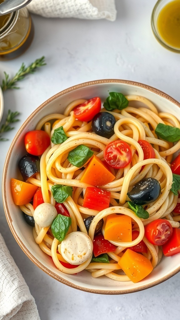A bowl of spaghetti with cherry tomatoes, bell peppers, black olives, and mozzarella balls, garnished with fresh basil.