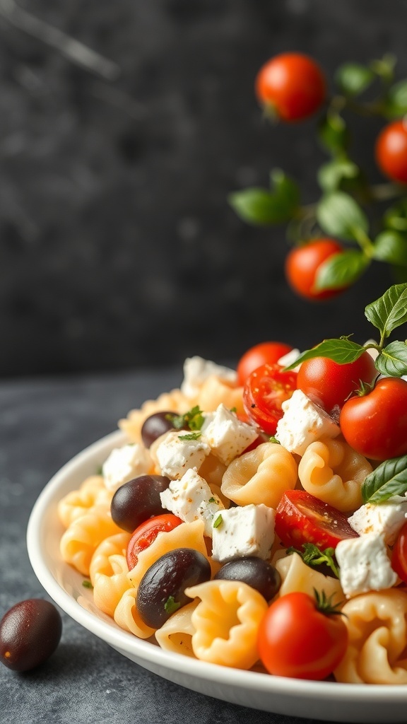A colorful pasta salad with feta cheese, olives, and cherry tomatoes.