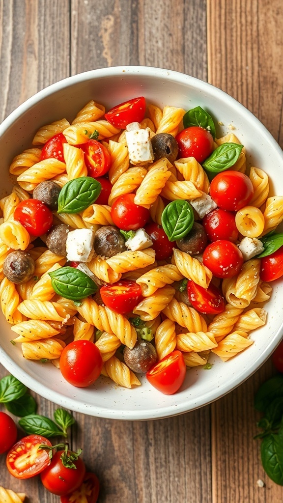 A bowl of pasta salad with cherry tomatoes, olives, and basil on a wooden table.