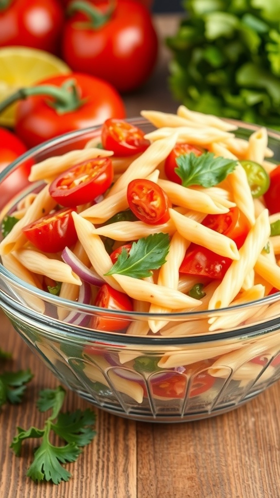 A bowl of pasta salad with cherry tomatoes, cilantro, and Italian dressing.