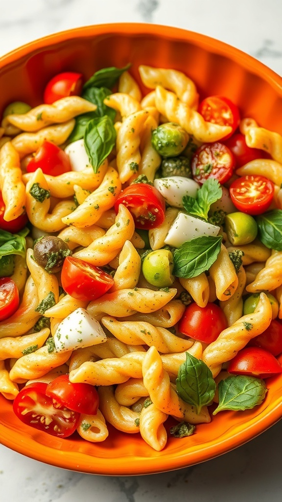 A vibrant pasta salad with pesto, cherry tomatoes, olives, and mozzarella in an orange bowl.