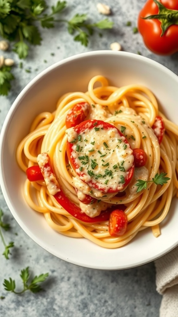 A bowl of spaghetti topped with roasted red pepper sauce, cherry tomatoes, and parsley.