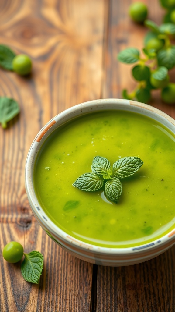 A bowl of vibrant green pea and mint soup garnished with mint leaves, accompanied by a slice of bread.