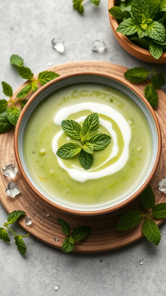 A bowl of pea and mint soup garnished with mint leaves and a swirl of cream, surrounded by fresh mint leaves.