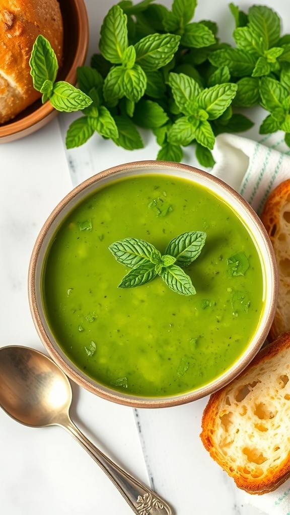 A bowl of pea and mint soup garnished with mint leaves, served with bread on the side.