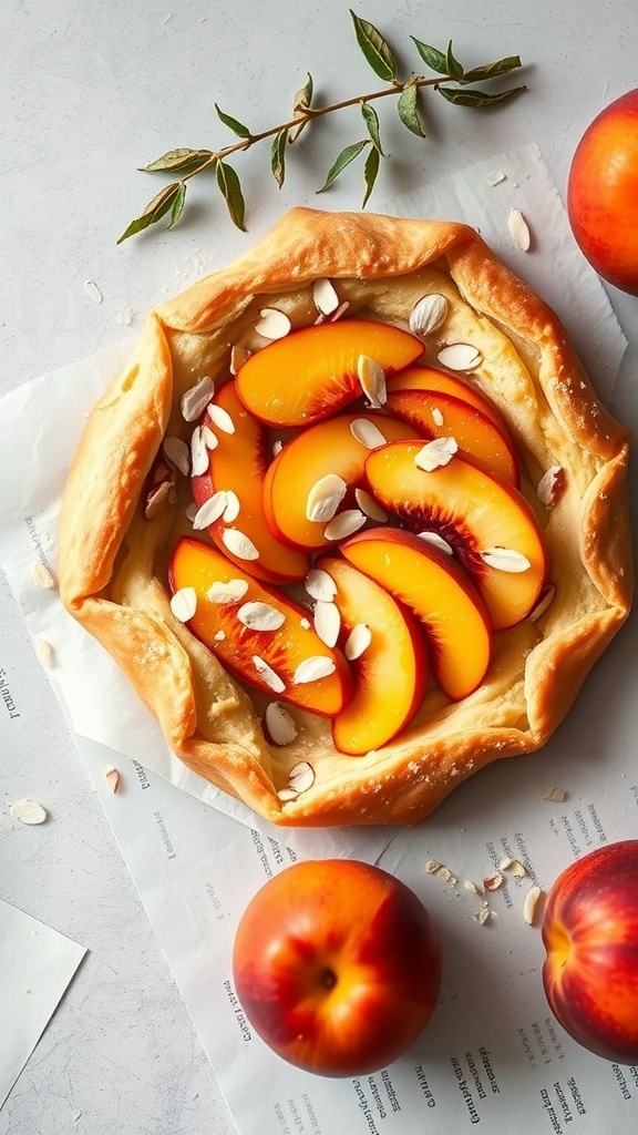 A peach and almond puff pastry tart with sliced peaches and almond flakes on top.