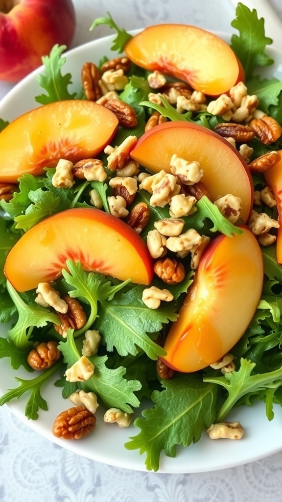 A fresh peach and arugula salad with pecans and feta cheese, alongside whole peaches.