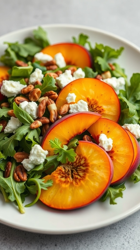 A fresh Peach and Arugula Salad with sliced peaches, arugula, goat cheese, and pecans.