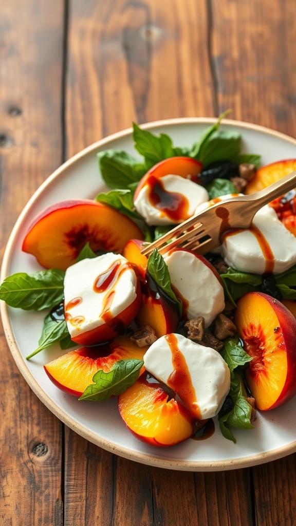 A vibrant salad featuring sliced peaches, creamy burrata cheese, fresh basil, and a drizzle of balsamic reduction on a wooden table.
