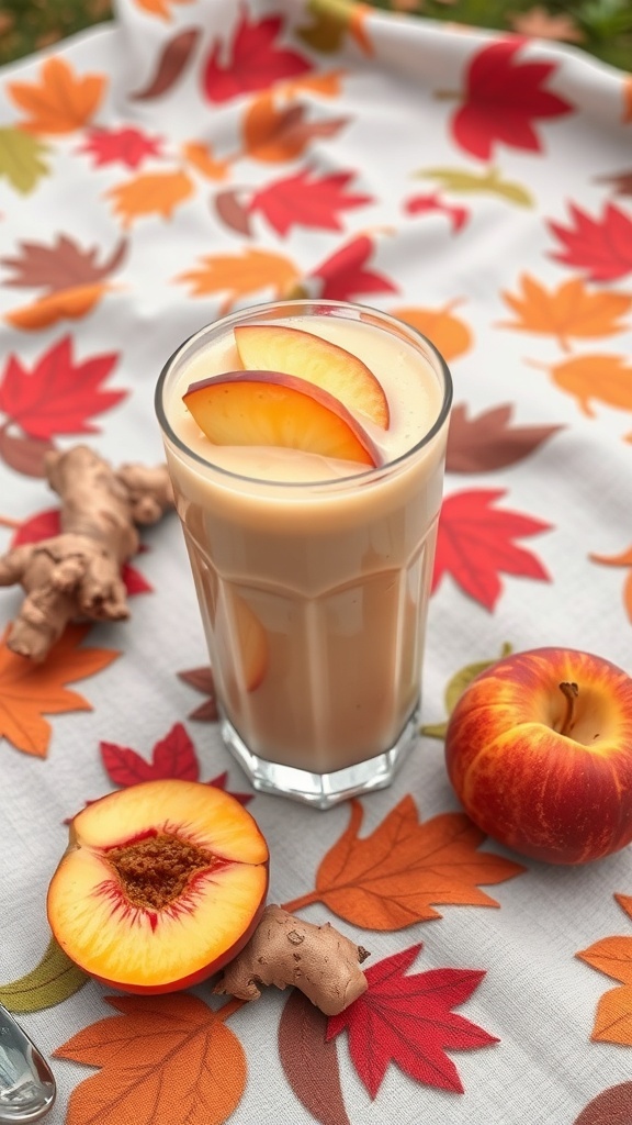 A refreshing peach and ginger smoothie in a glass, garnished with peach slices, surrounded by fresh peaches and ginger root on a colorful autumn-themed tablecloth.