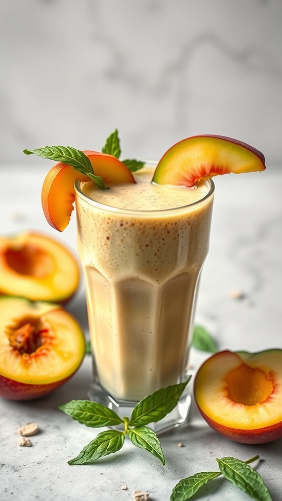 A refreshing peach avocado smoothie in a glass, garnished with peach slices and mint leaves, surrounded by halved peaches.