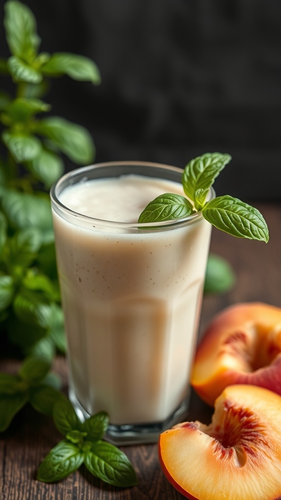 A refreshing peach basil smoothie in a glass, garnished with fresh basil leaves, with peach slices beside it.