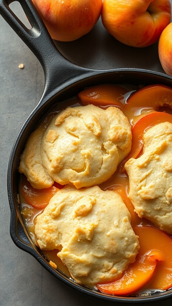 A delicious peach cobbler with biscuit topping in a cast iron skillet, surrounded by fresh peaches.