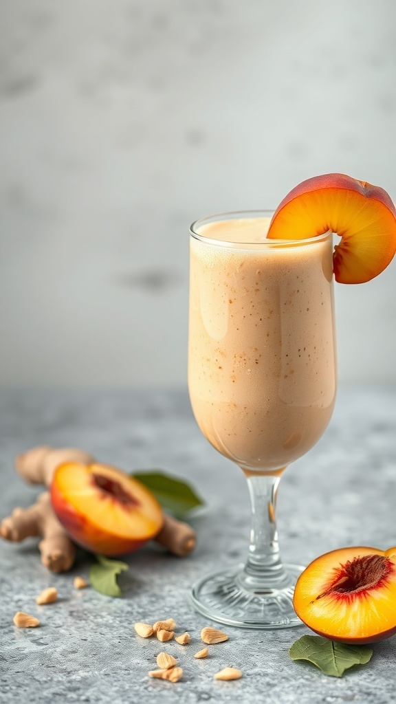 A refreshing peach ginger smoothie in a glass, garnished with a peach slice, surrounded by fresh peaches and ginger.