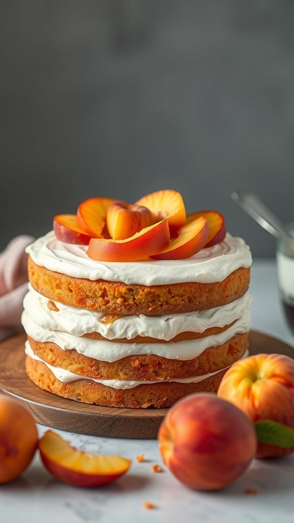 A three-layer Peach Melba Cake topped with fresh peach slices, surrounded by whole peaches.