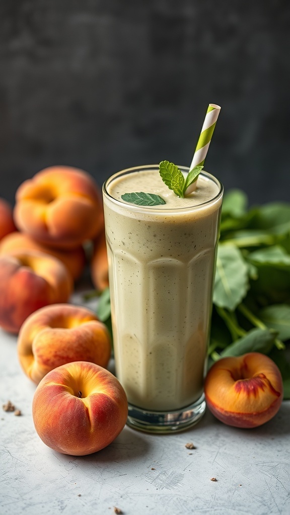 A tall glass of Peachy Green Smoothie with peaches and spinach in the background.
