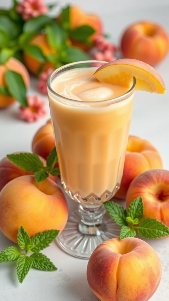 A refreshing peach smoothie in a glass, surrounded by fresh peaches and mint leaves.