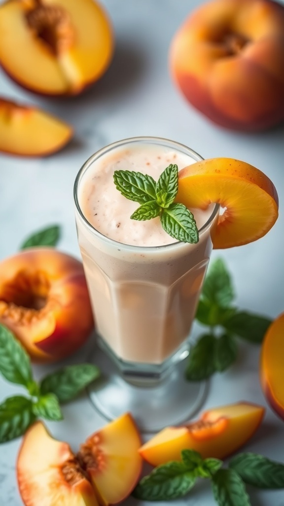 A refreshing peach smoothie in a tall glass, garnished with mint and a slice of peach, surrounded by fresh peach halves and slices.