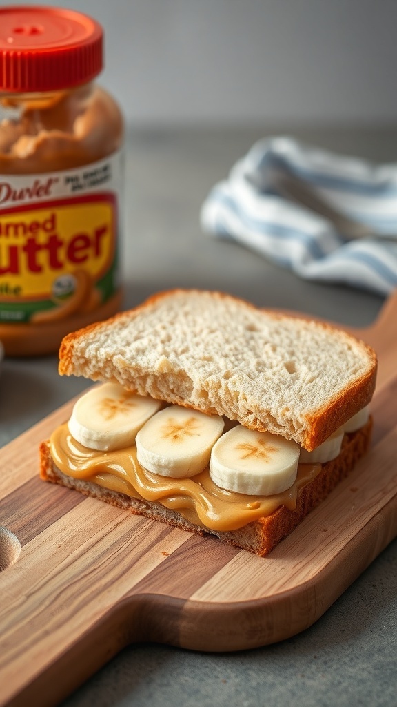 A peanut butter and banana sandwich on a wooden cutting board, with a jar of peanut butter in the background.
