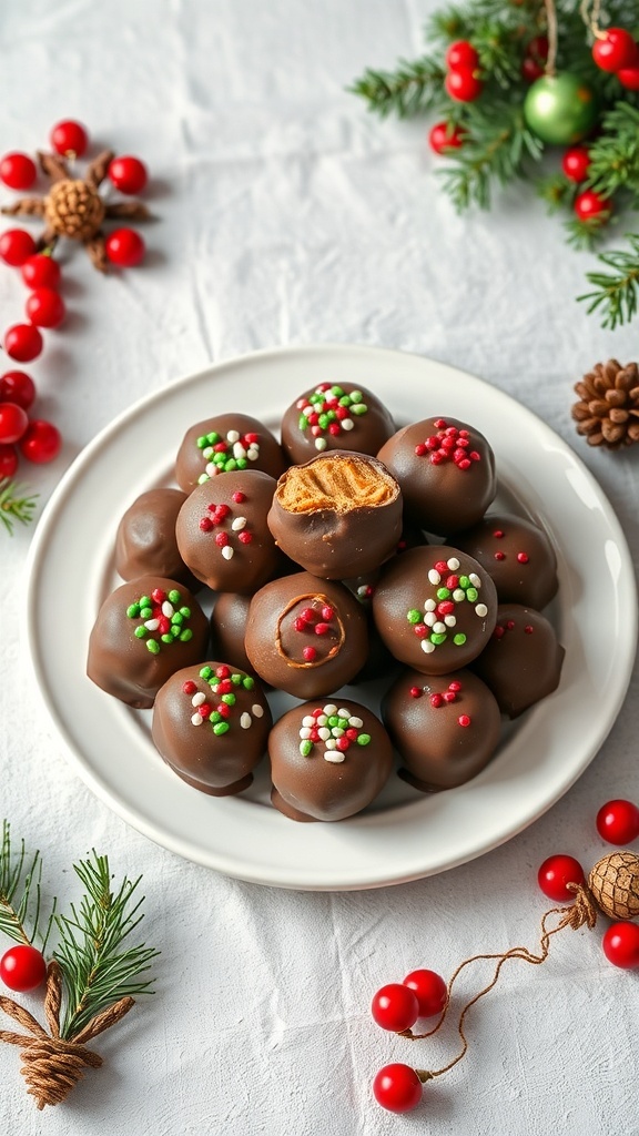 A plate of chocolate-covered peanut butter balls decorated with festive sprinkles.
