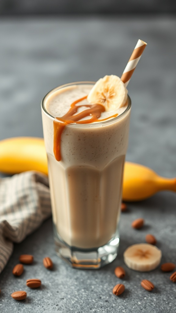 A tall glass of Peanut Butter Banana smoothie topped with banana slice and peanut butter drizzle, with a striped straw.